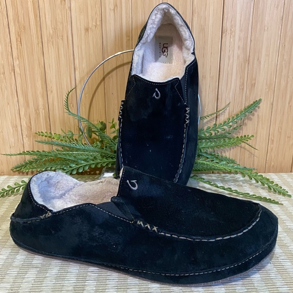 OluKai Other - Olukai UGG Australia Men’s Moloa Black Slippers Slip On Leather Sheep Fur - 12